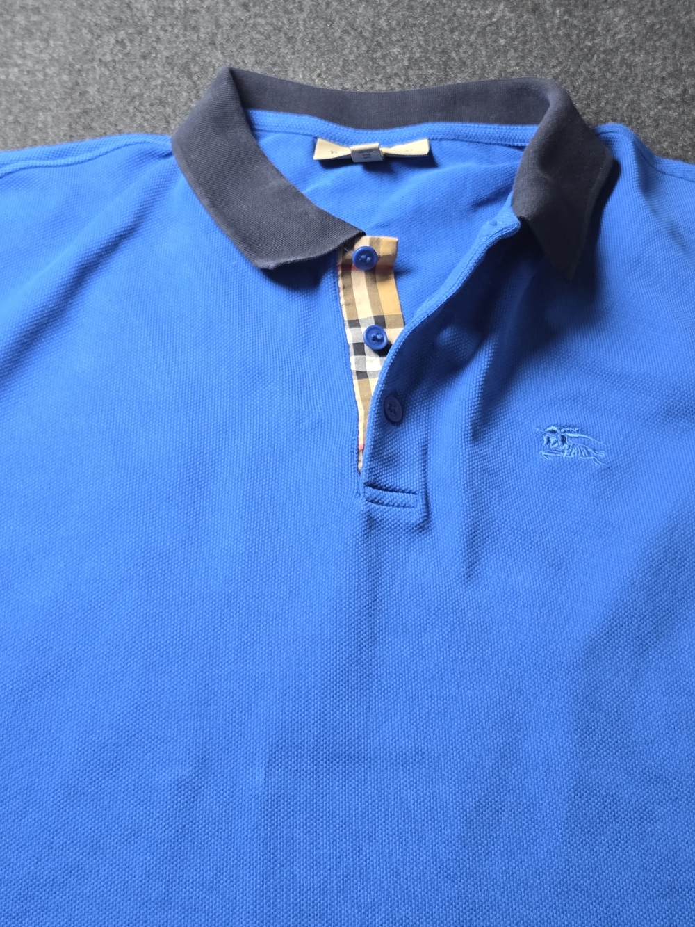 Burberry Royal Blue Polo with Black Collar and Check Placket
